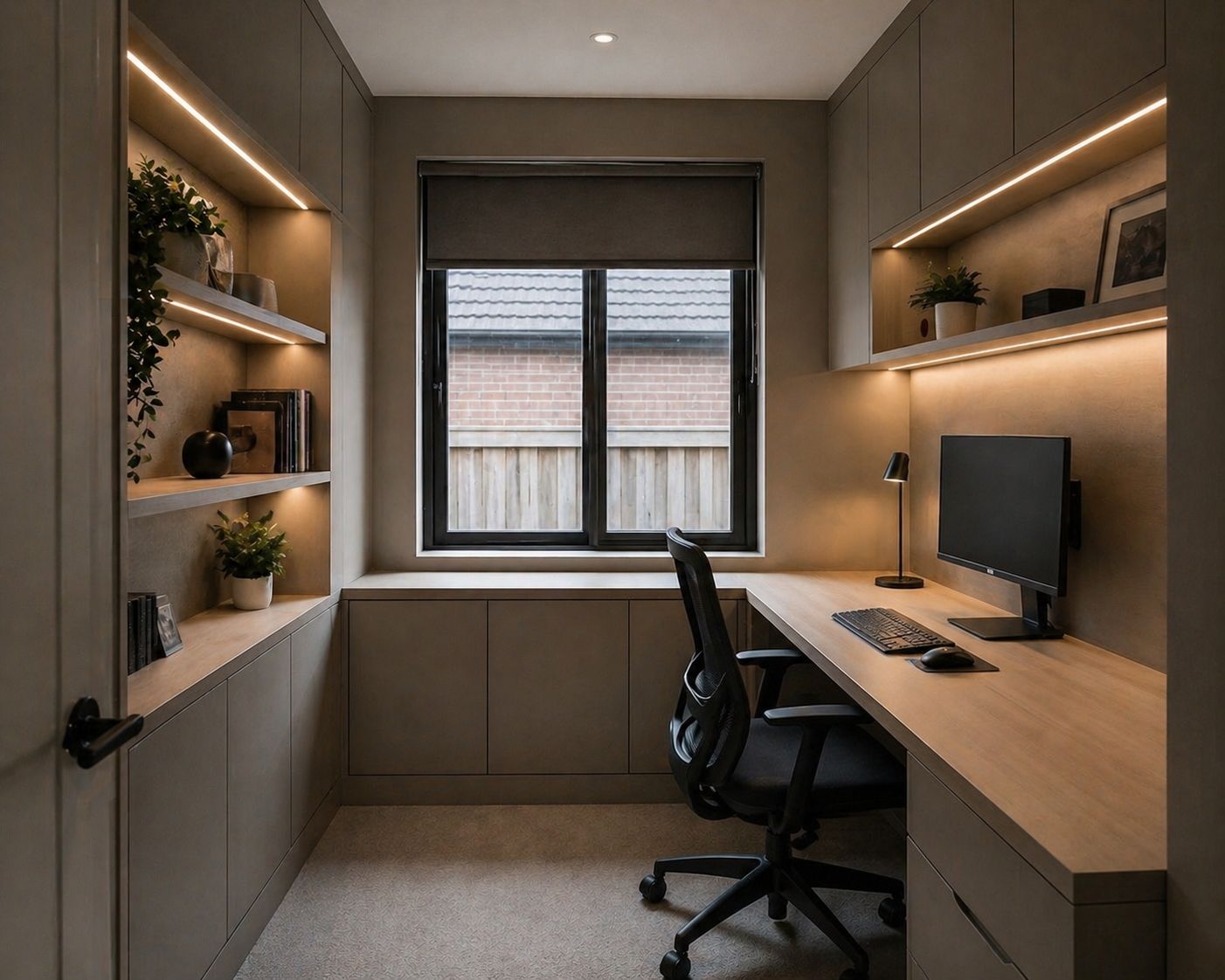 Bespoke fitted home office with integrated desk, shelving and concealed storage, designed and built by JAX Bespoke