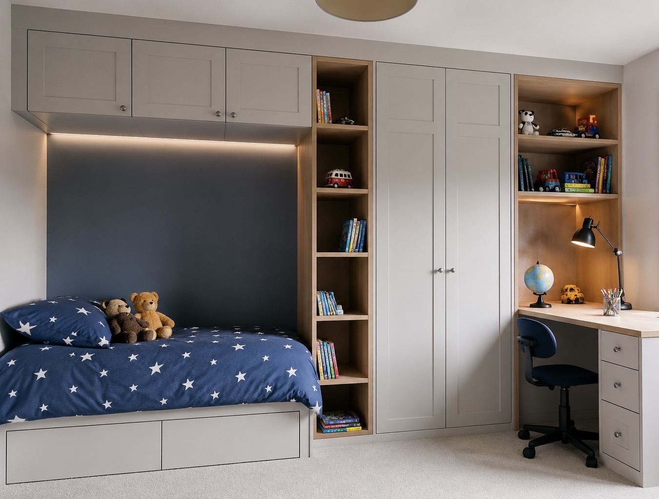 Bespoke bedroom furniture with fitted wardrobes and matching pieces designed as a cohesive scheme, by JAX Bespoke