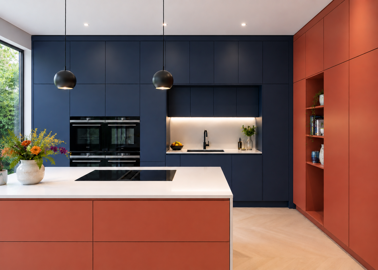 Contemporary handleless bespoke kitchen with sleek cabinetry, designed and built by JAX Bespoke Yorkshire