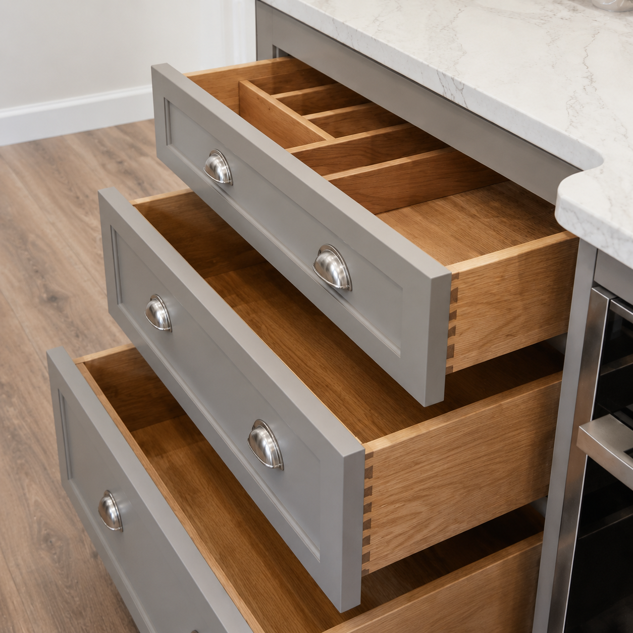 Bespoke kitchen internal storage detail showing pull-out larder and integrated organisation, designed by JAX Bespoke