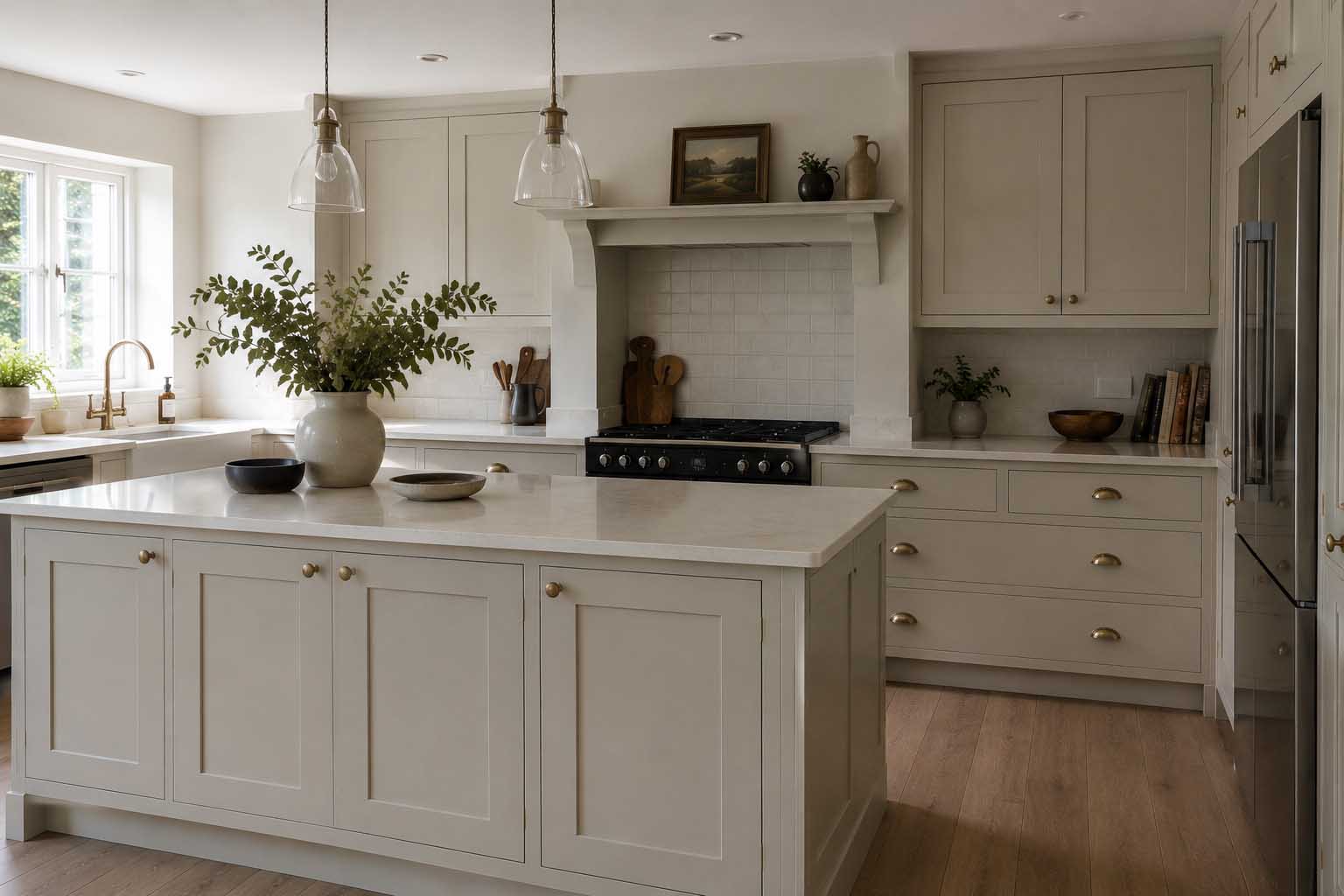 Bespoke shaker style kitchen with painted cabinetry, handcrafted and installed by JAX Bespoke Yorkshire