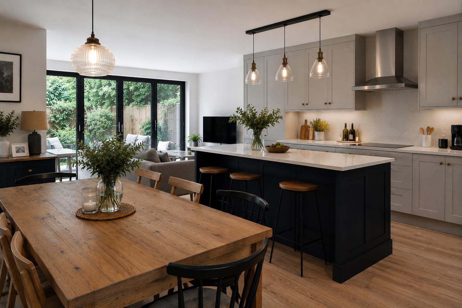 Bespoke open-plan kitchen diner with handcrafted cabinetry and considered layout, designed by JAX Bespoke