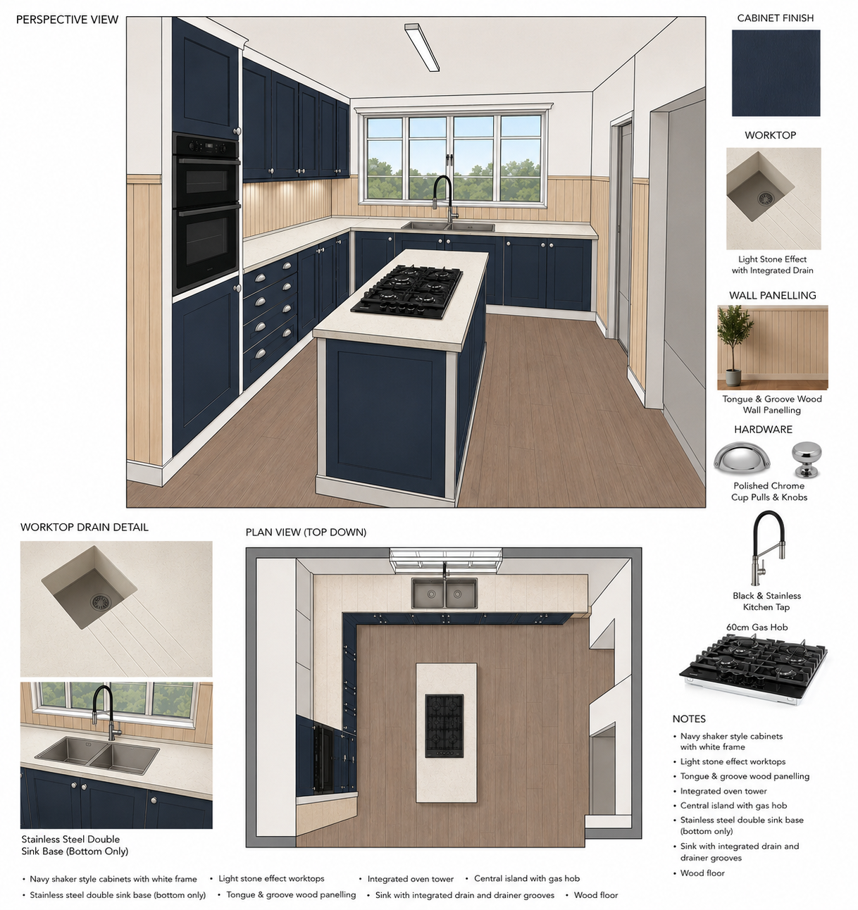 Bespoke kitchen design visual and mood board produced by JAX Bespoke before manufacture, showing layout, materials and colour scheme