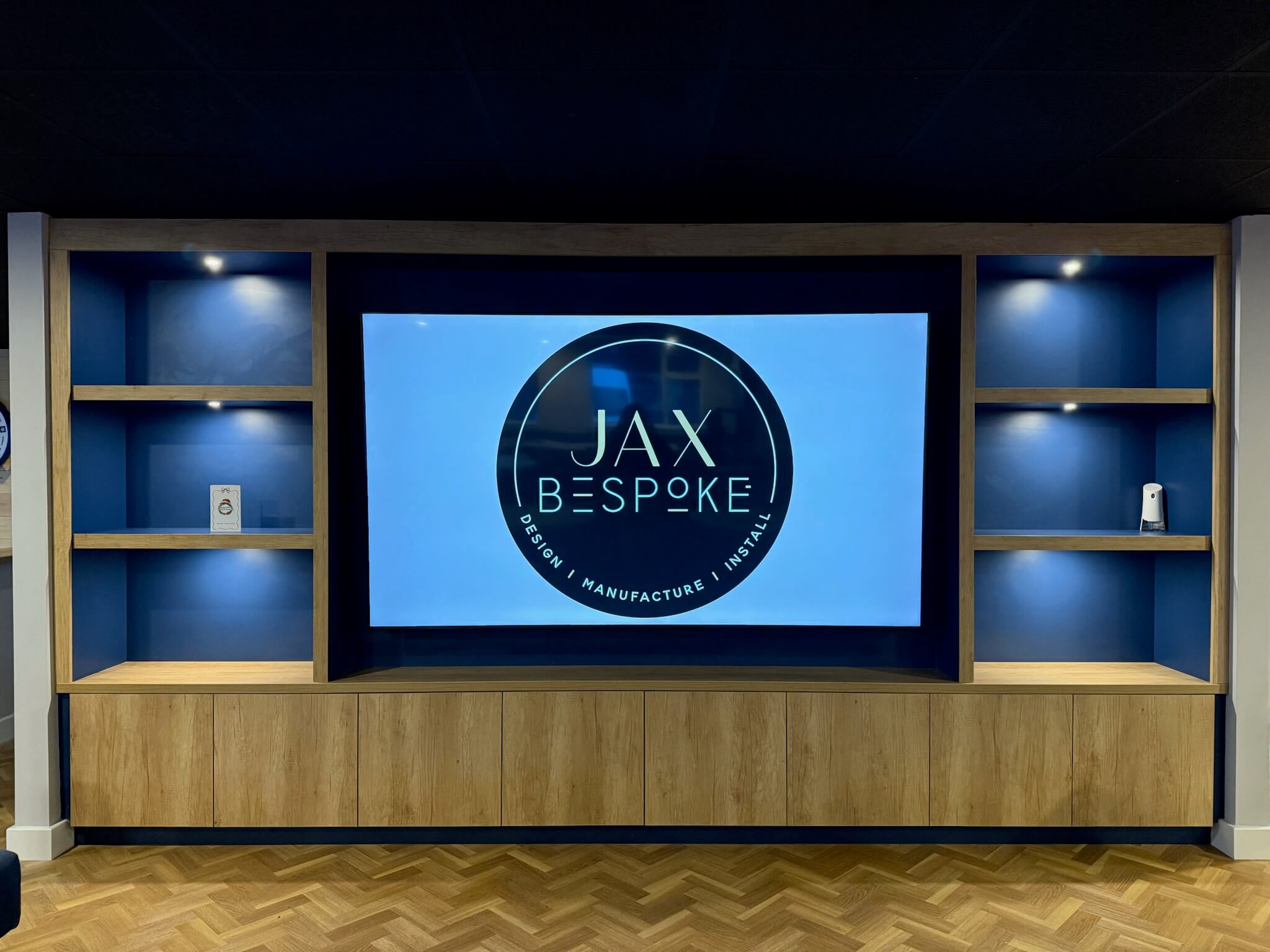 Completed bespoke cabinetry media wall installation — handcrafted furniture with quality finish, designed and installed by JAX Bespoke Yorkshire