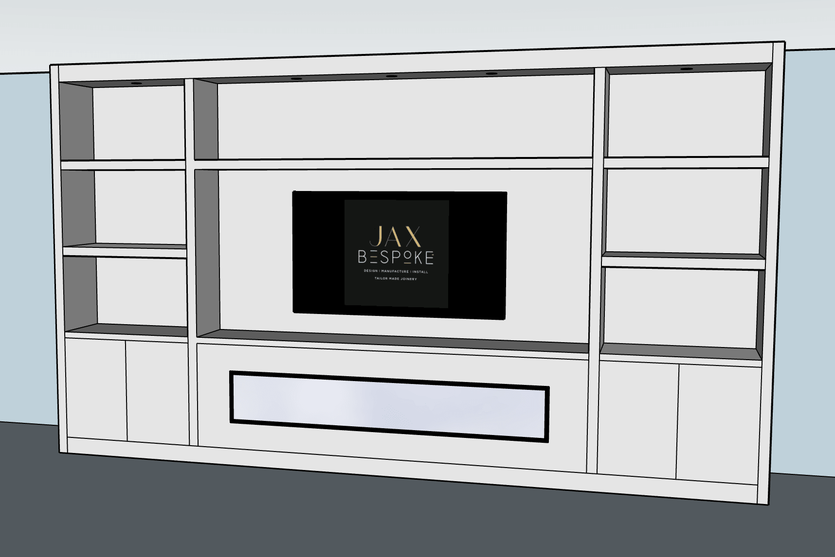 Bespoke cabinetry media wall design drawing by JAX Bespoke before manufacture