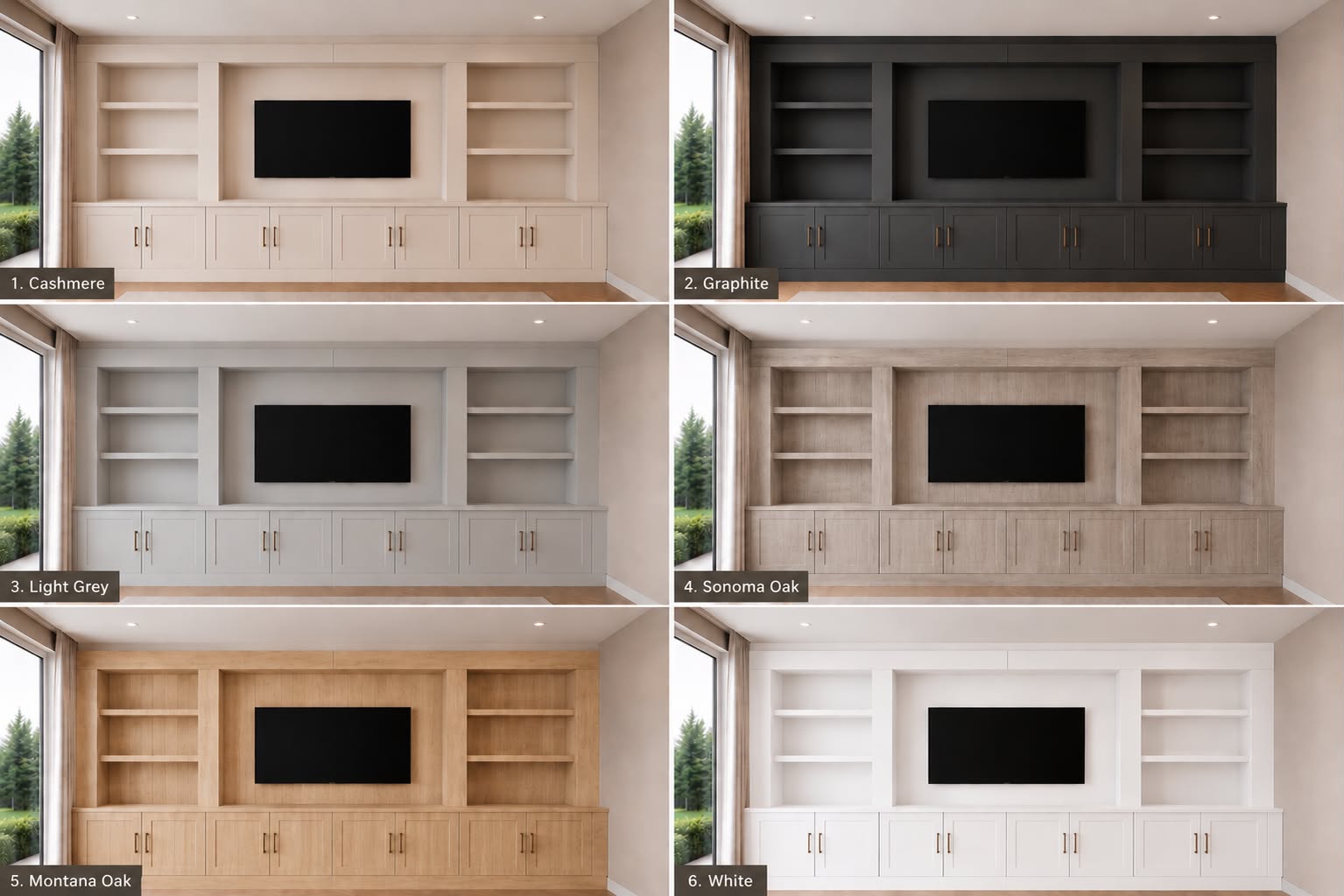 The Calder range — all six available finishes: Cashmere, Graphite, Light Grey, Sonoma Oak, Montana Oak and White