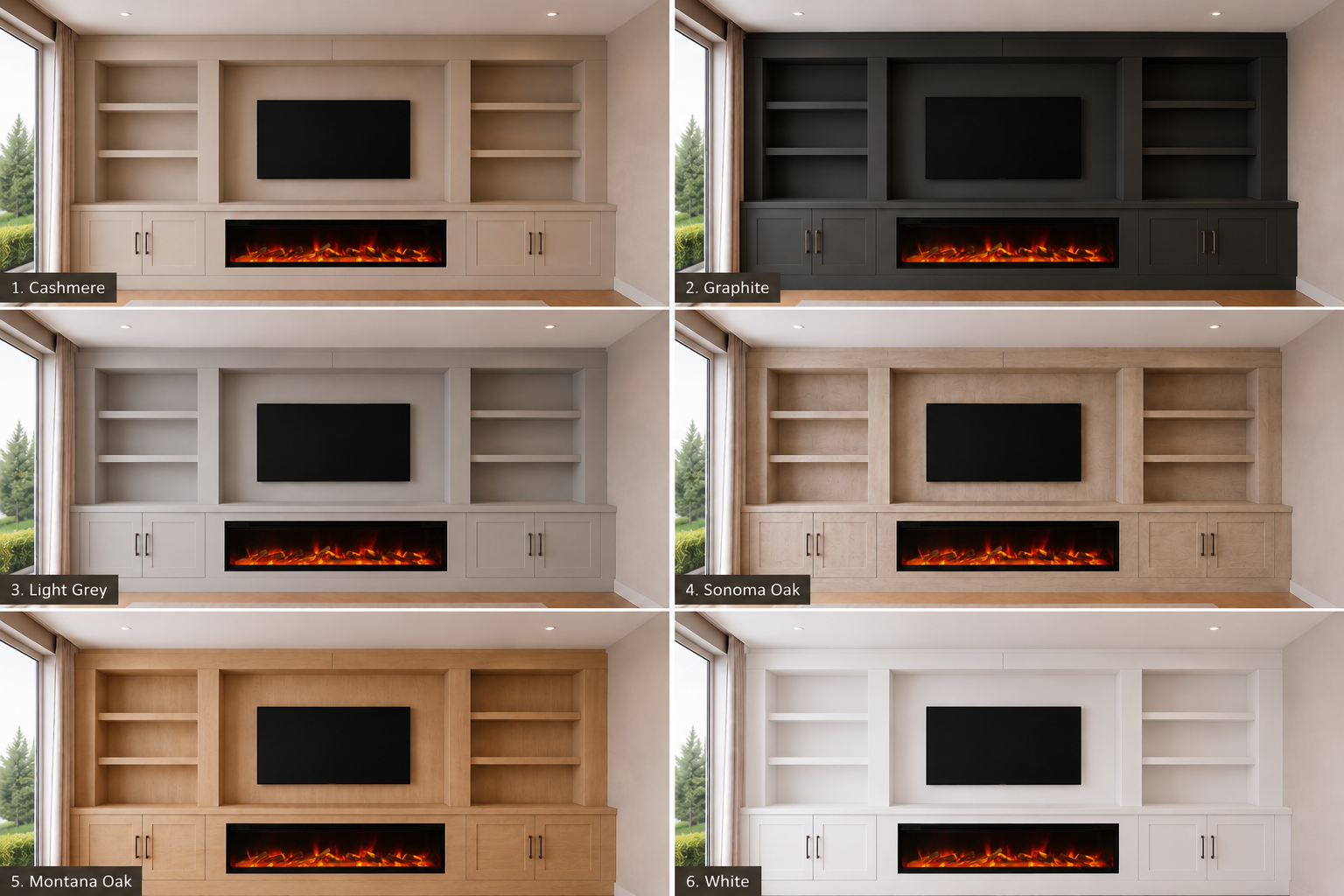 The Ember range — all six available finishes: Cashmere, Graphite, Light Grey, Sonoma Oak, Montana Oak and White