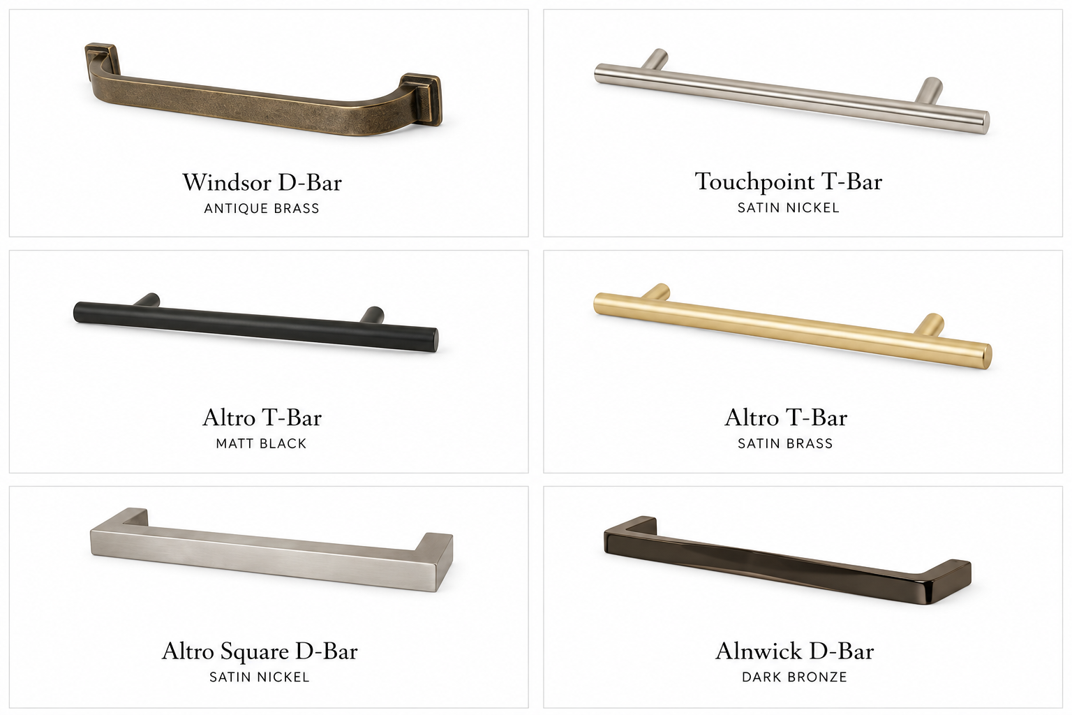 All six handle options available for TV Simplicity media walls — Windsor D-Bar Antique Brass, Touchpoint T-Bar Satin Nickel, Altro T-Bar Matt Black, Altro T-Bar Satin Brass, Altro Square D-Bar Satin Nickel, Alnwick D-Bar Dark Bronze — all included in the fixed price