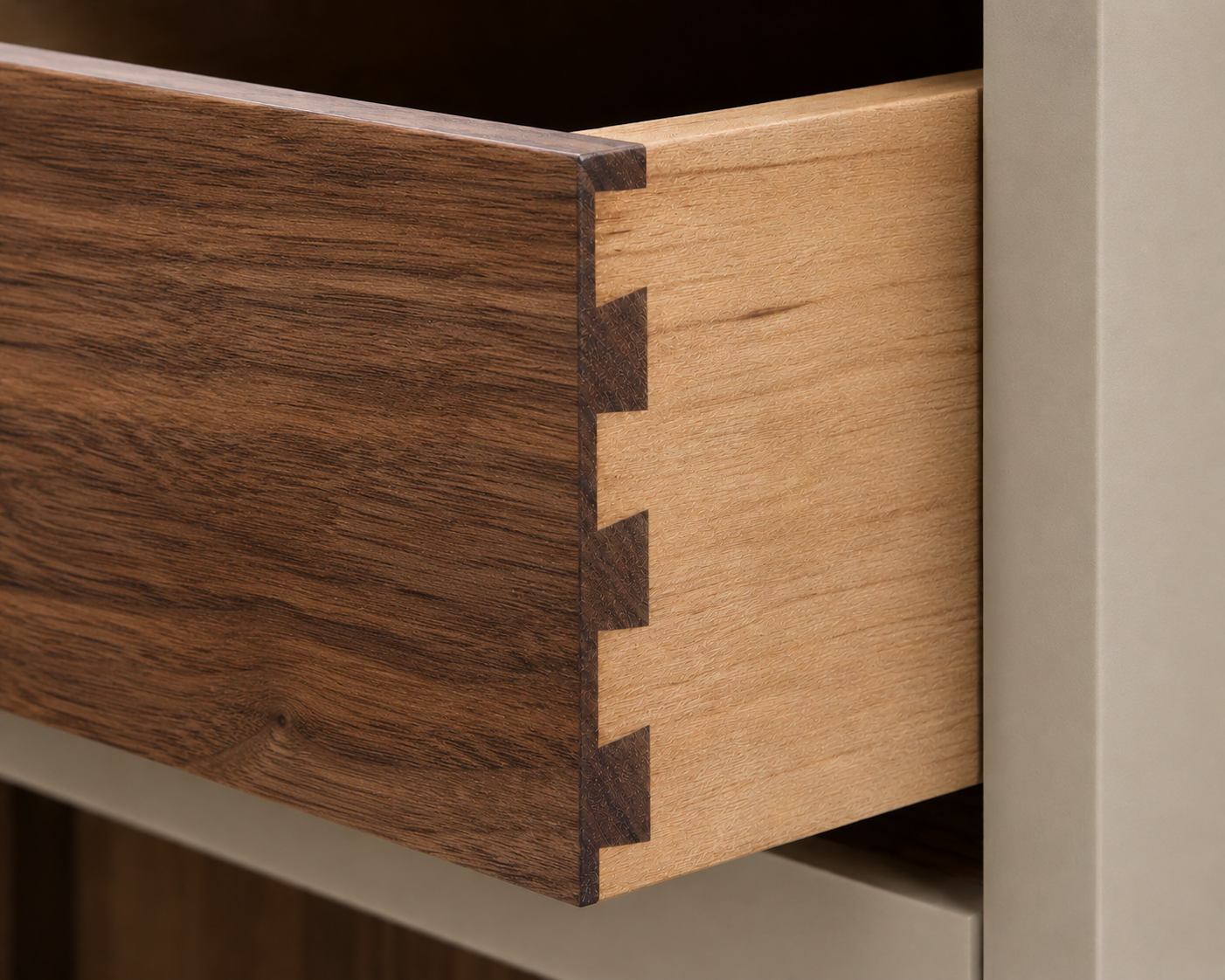 Internal drawer showing dovetail joint — handcrafted cabinetry detail by JAX Bespoke Yorkshire