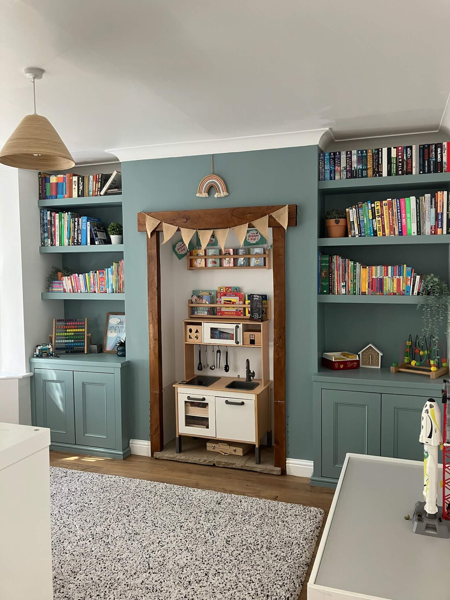 Shaker style alcove units with painted cabinetry doors and open shelving above, designed and installed by JAX Bespoke Yorkshire