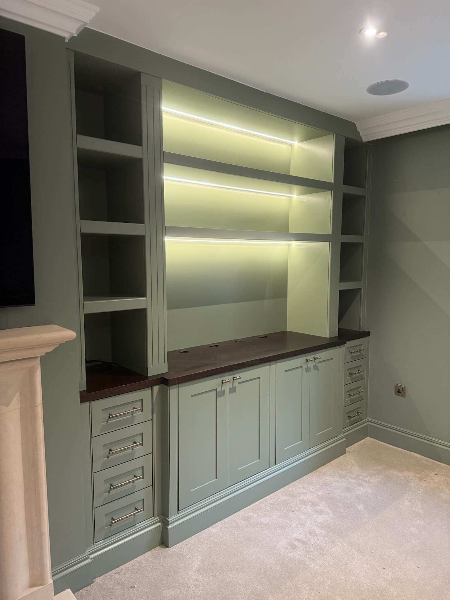 Traditional shaker style alcove unit with period detail and painted finish, handcrafted by JAX Bespoke Yorkshire