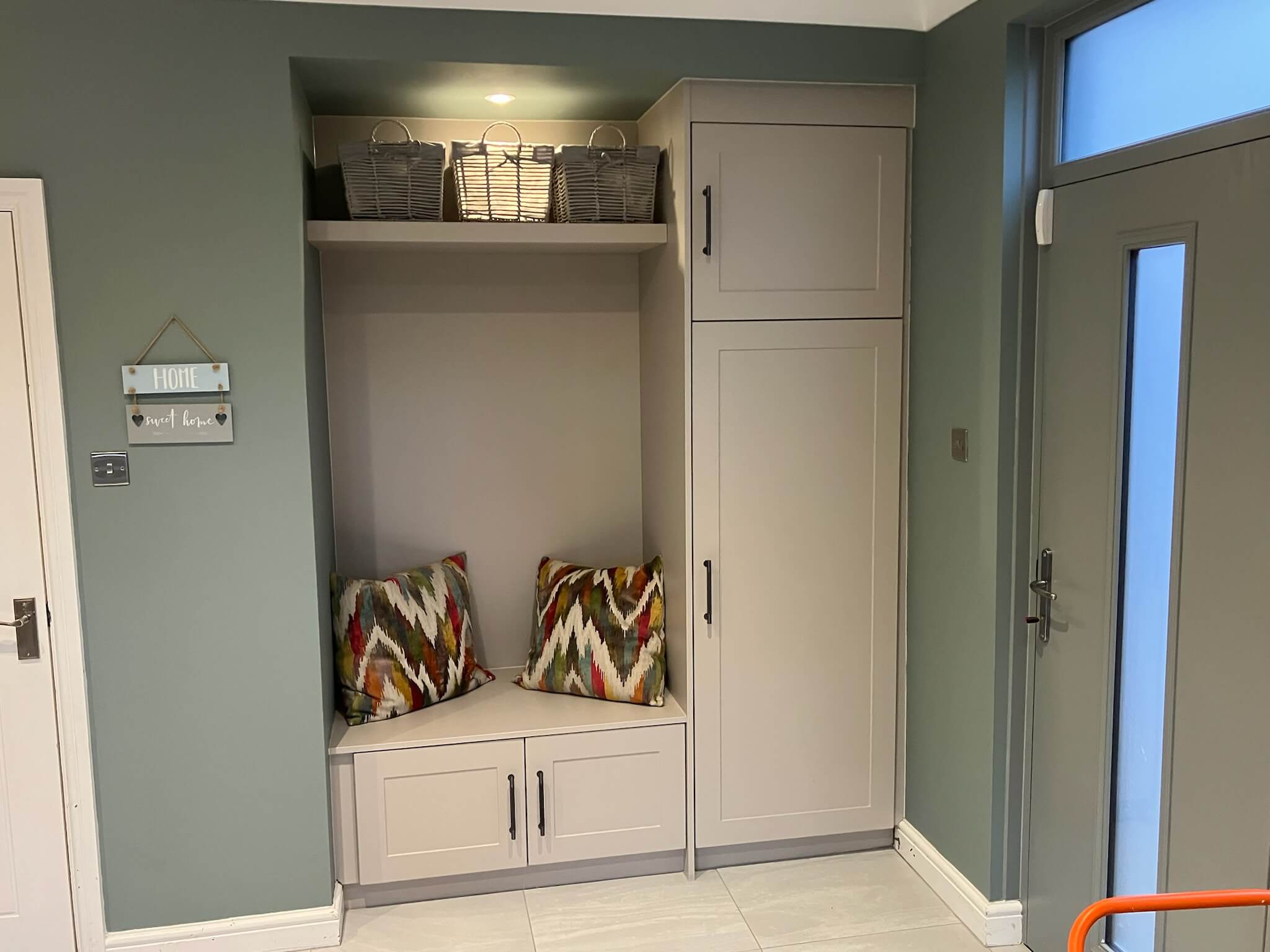 Bespoke boot room alcove unit with integrated storage and cabinetry, designed and installed by JAX Bespoke Yorkshire