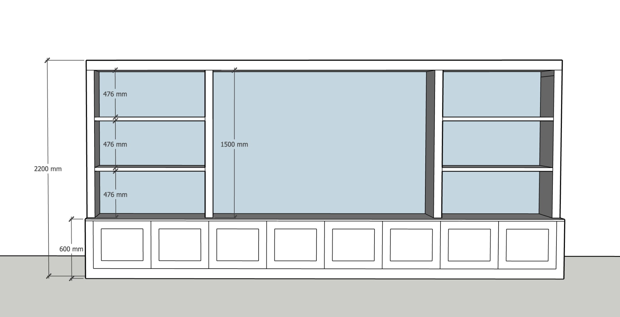 TV Simplicity size diagram showing standard unit height of 220cm, cupboard heights and wall widths from 2.7m to 4.6m