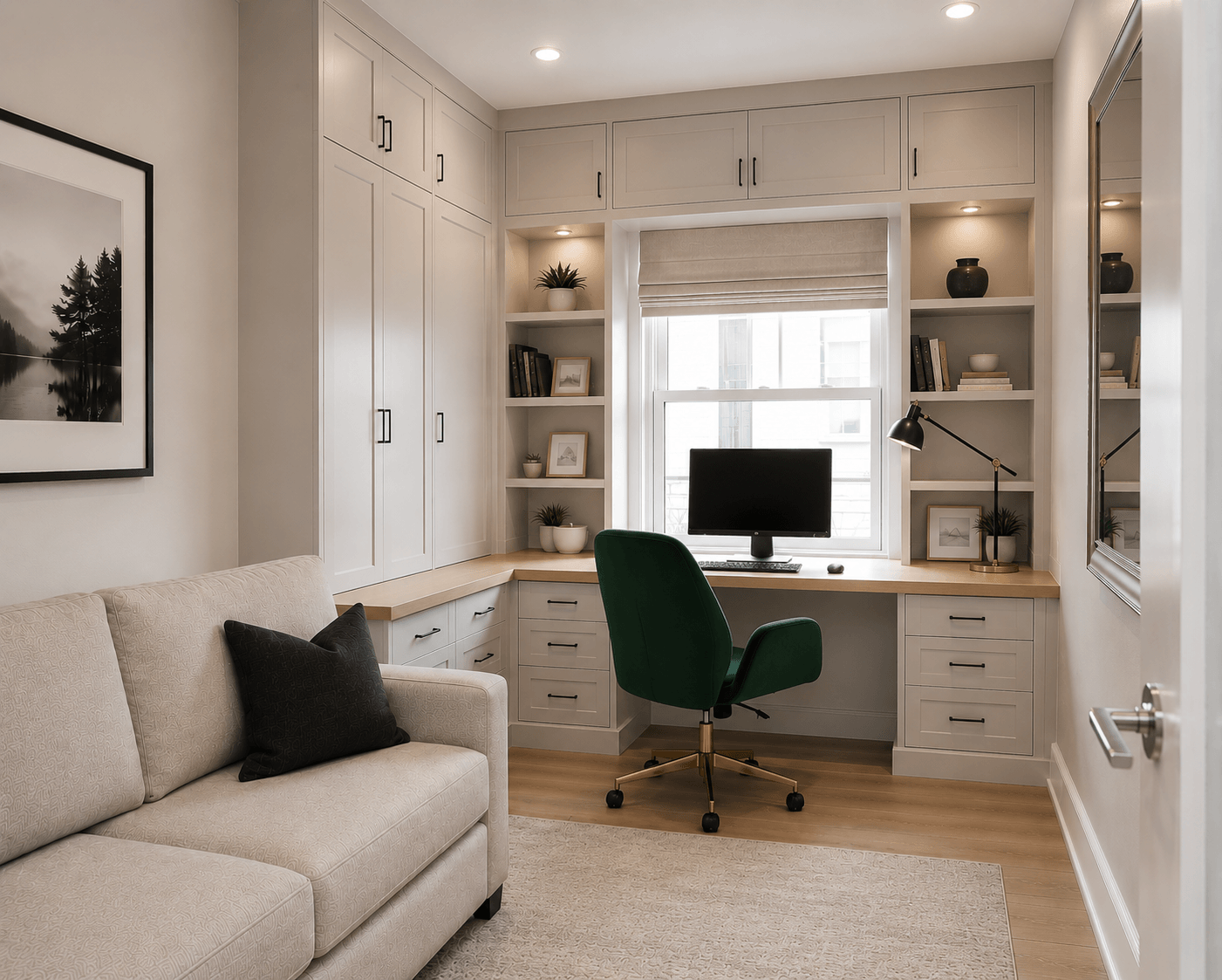 Neutral full-wall fitted home office with overhead cabinetry, window desk and integrated shelving, designed and built by JAX Bespoke Yorkshire