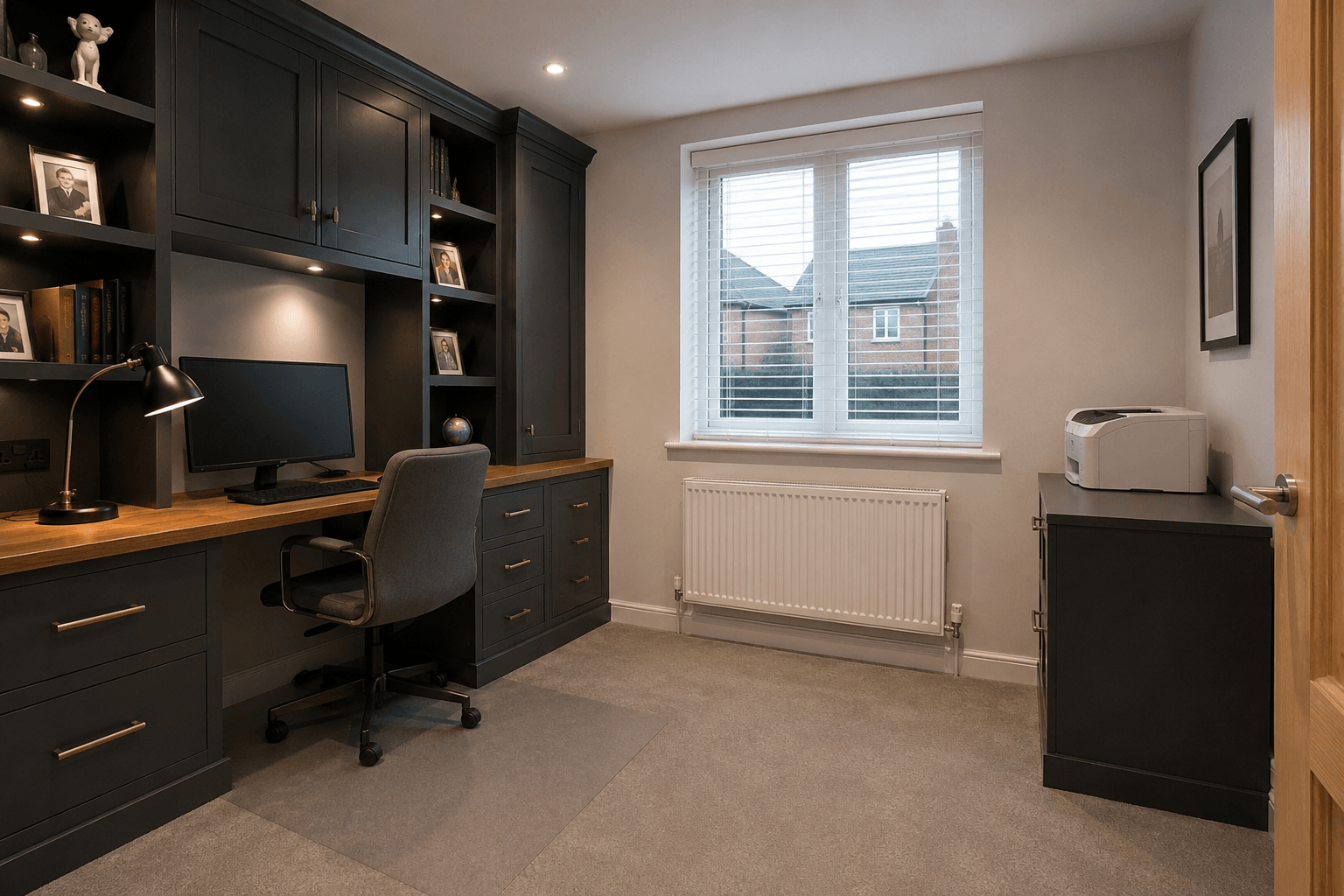 Dark shaker cabinetry home office with integrated desk, overhead storage and open shelving, designed and installed by JAX Bespoke Yorkshire