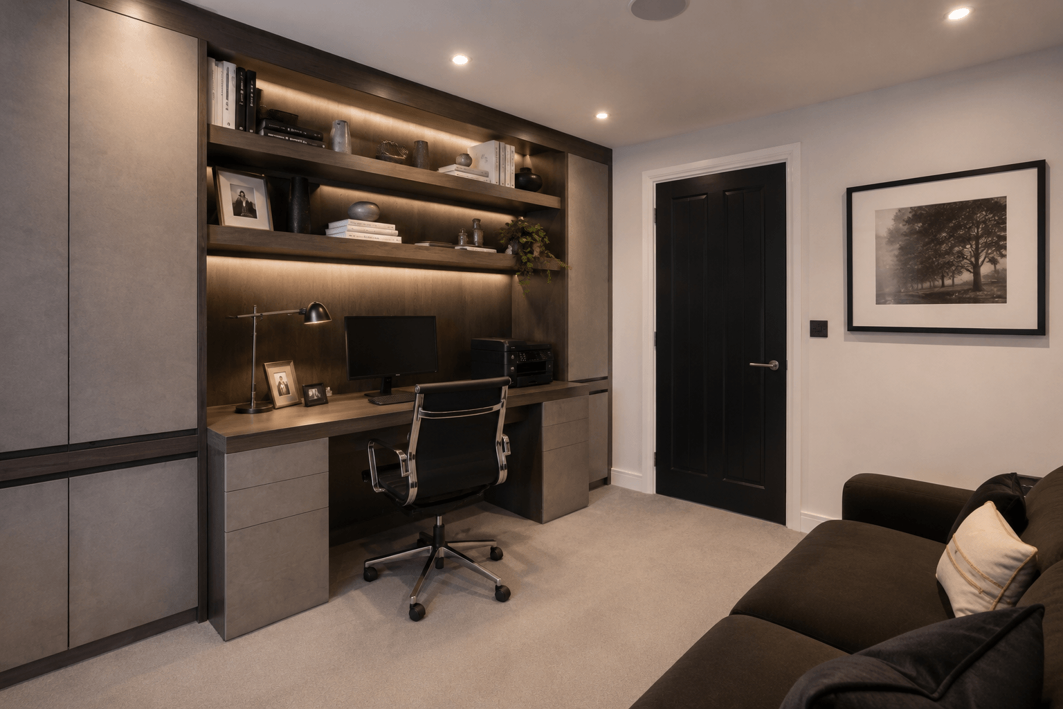 Contemporary dark wood home office with floor-to-ceiling shelving, integrated desk and LED lighting, designed and built by JAX Bespoke Yorkshire