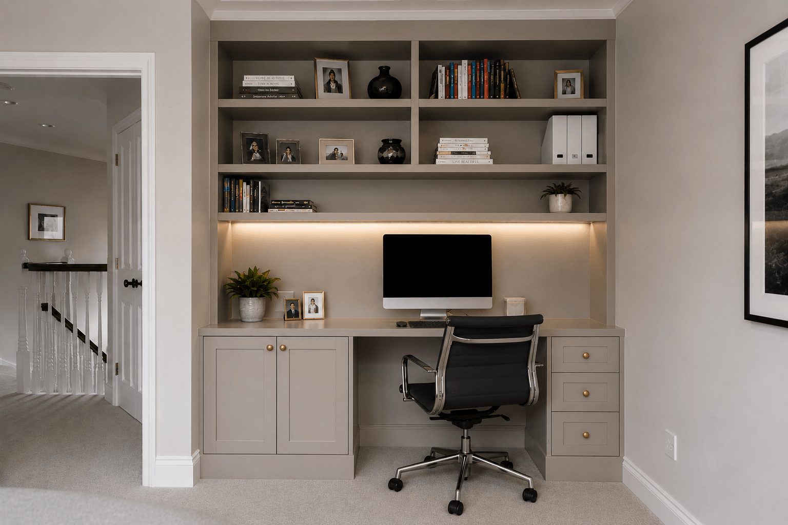 Compact fitted home office nook with cabinetry, integrated desk and LED shelving, designed and built by JAX Bespoke Yorkshire