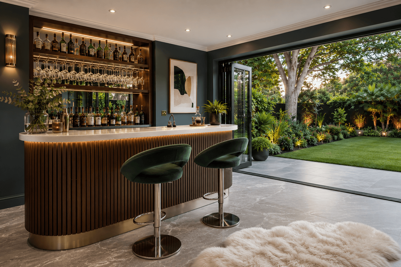 Fitted home bar in a garden room with curved reeded cabinetry and bifold doors opening onto the garden, by JAX Bespoke