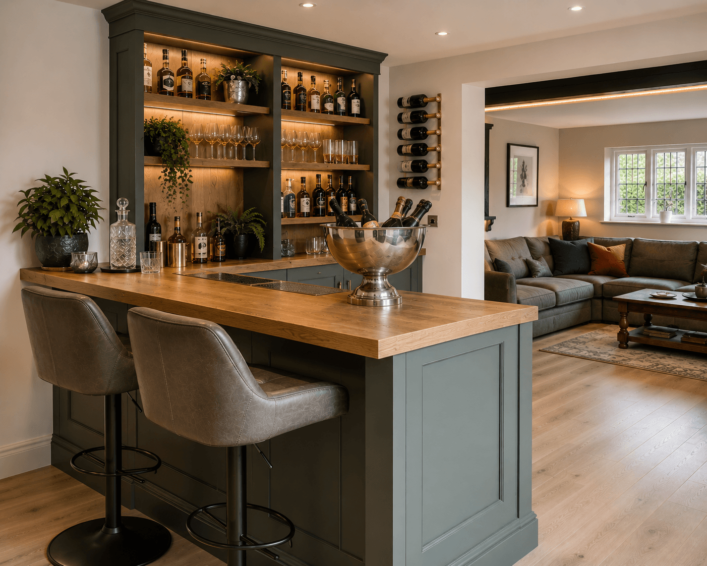 Fitted peninsula home bar opening directly onto an open-plan living space, with wall-mounted wine rack, by JAX Bespoke