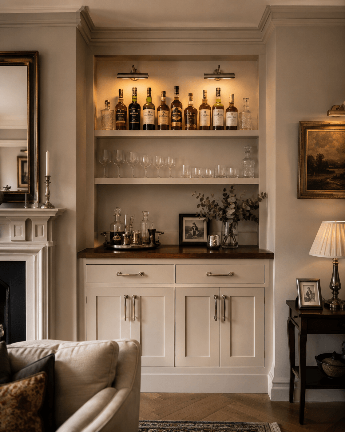 Bespoke home bar built flush into an alcove beside a fireplace, with no gaps or filler panels, by JAX Bespoke