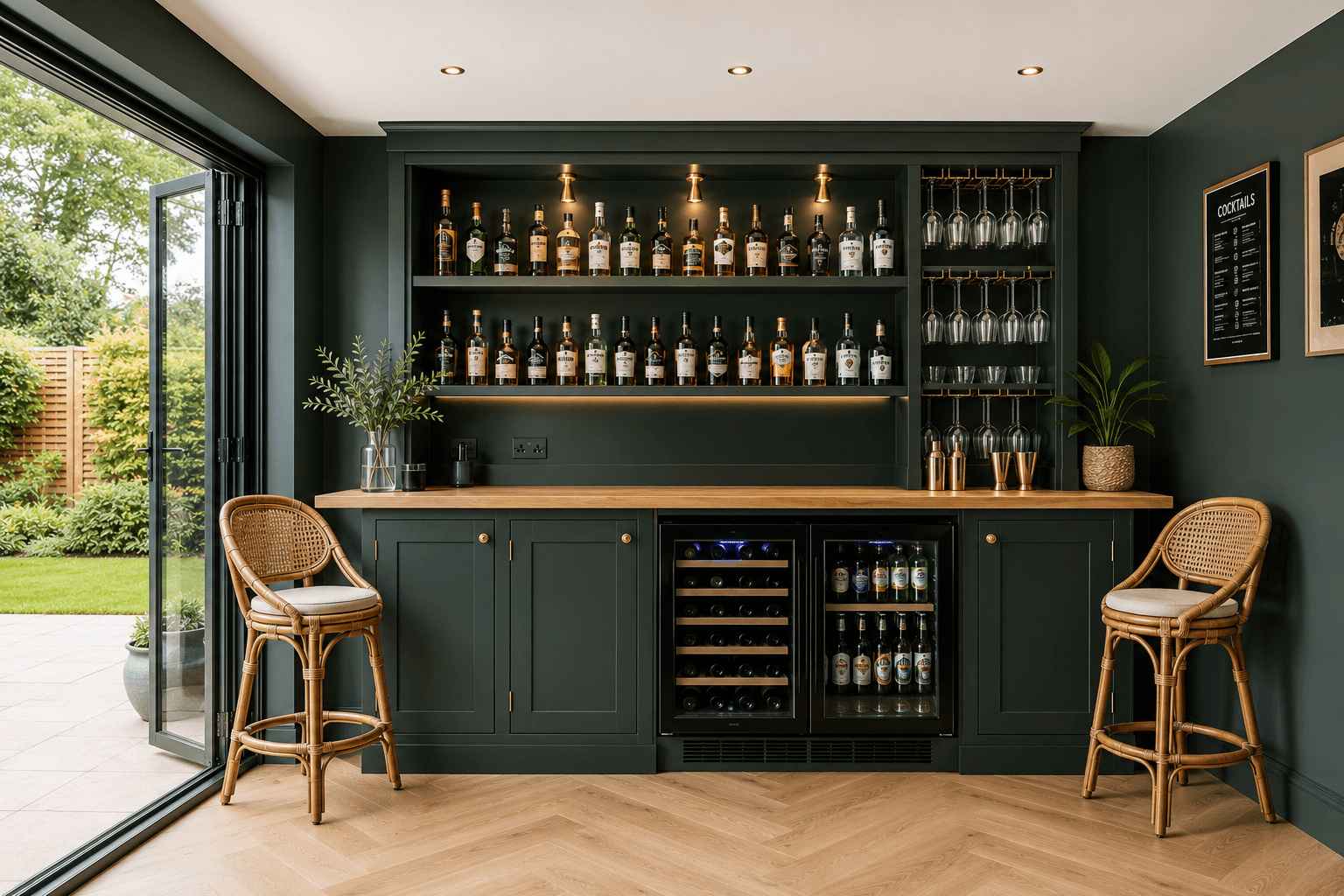 Bespoke home bar interior showing two integrated drinks fridges built into the cabinetry, designed by JAX Bespoke