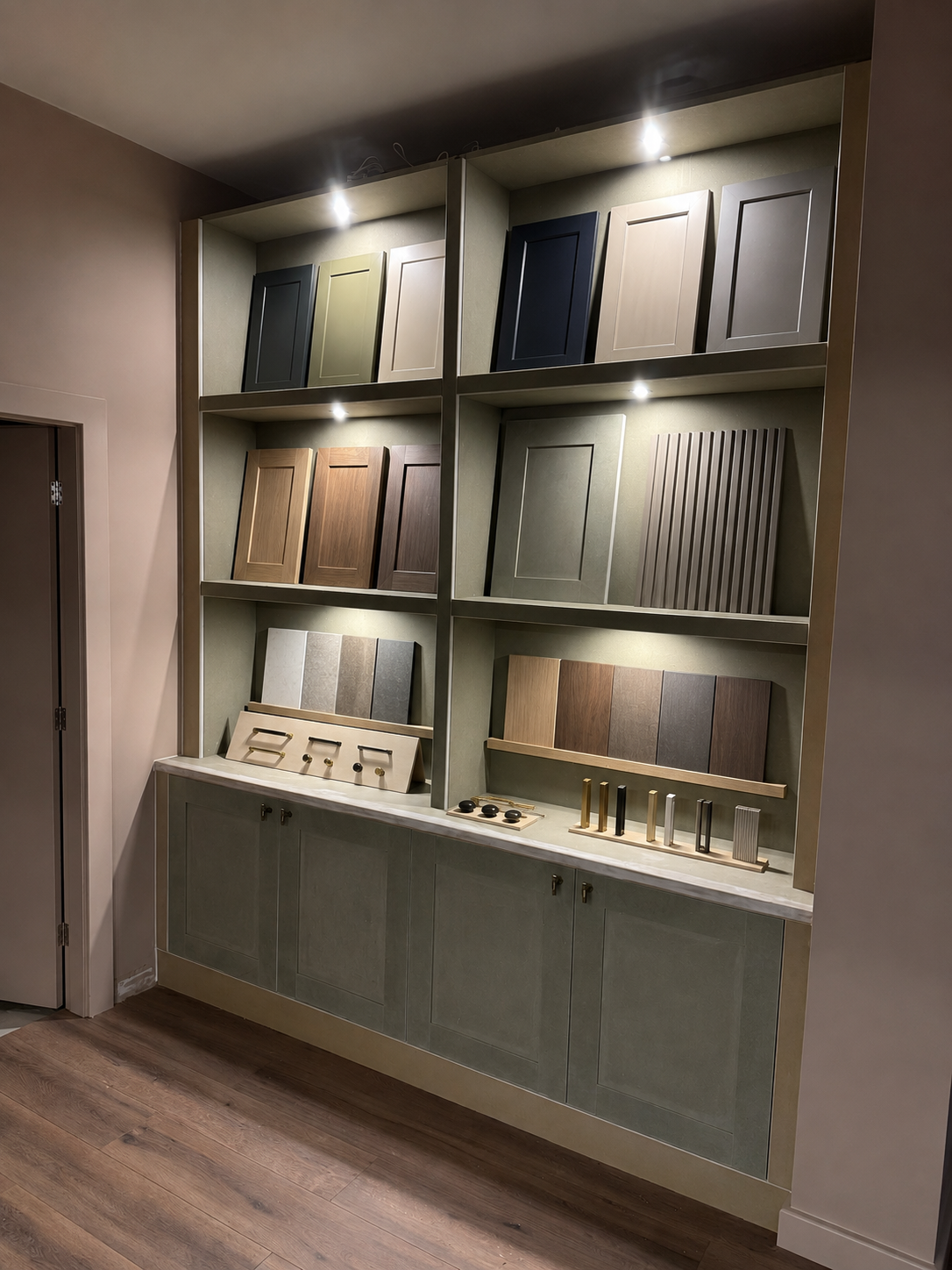 Display of glass, lighting and hardware finish samples for a bespoke home bar