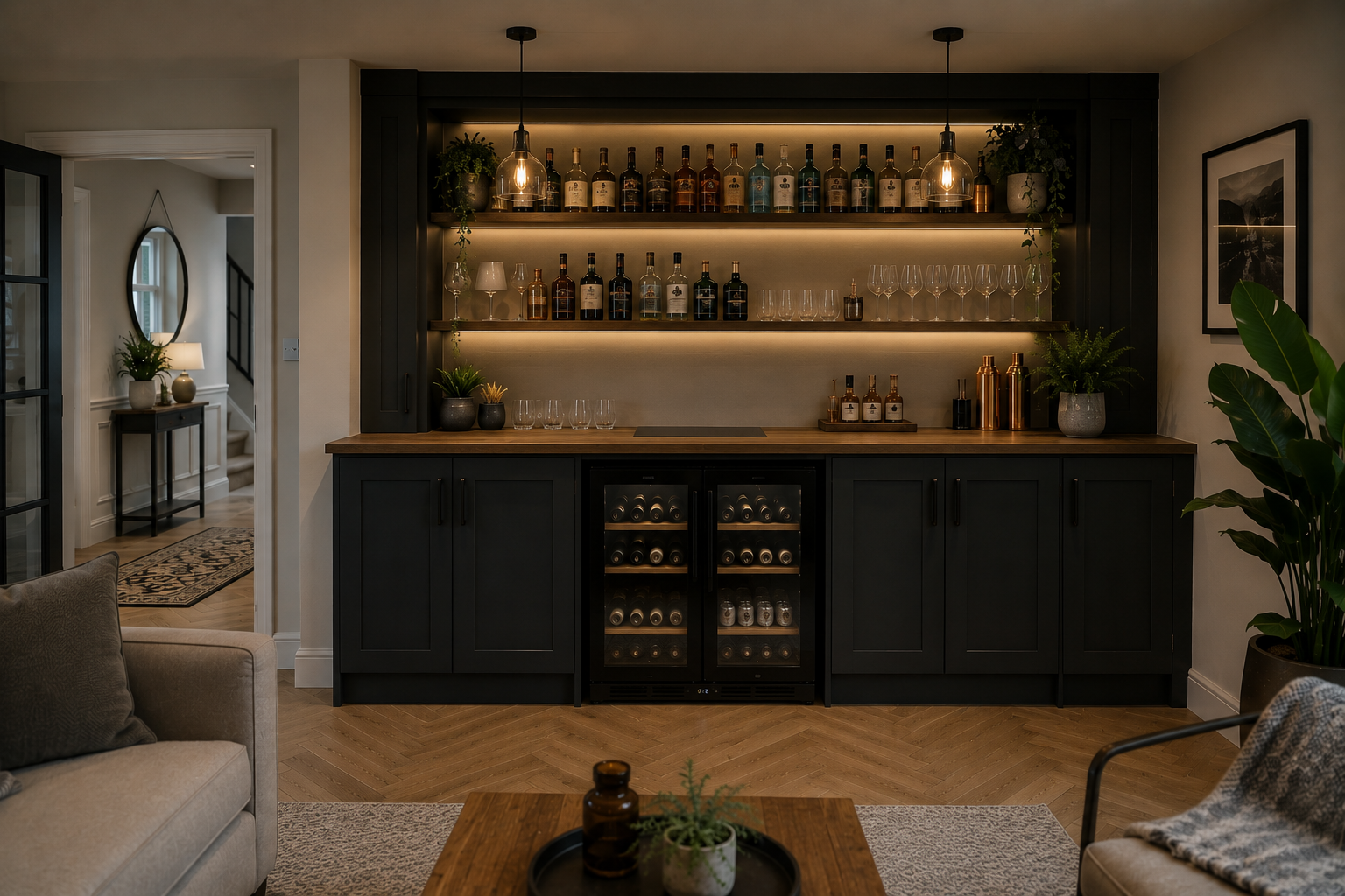 Fitted home bar with backlit shelving, glass display and warm ambient lighting