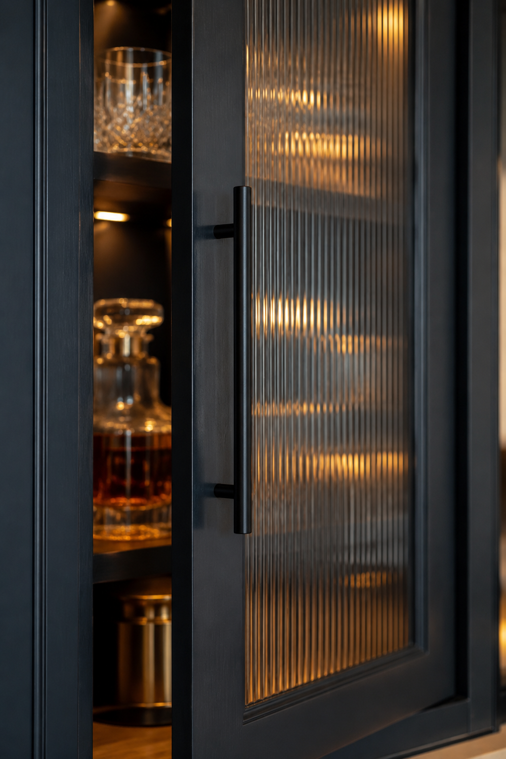 Close-up of a fluted glass cabinet door and brass handle, the kind of finish detail used on a fitted home bar