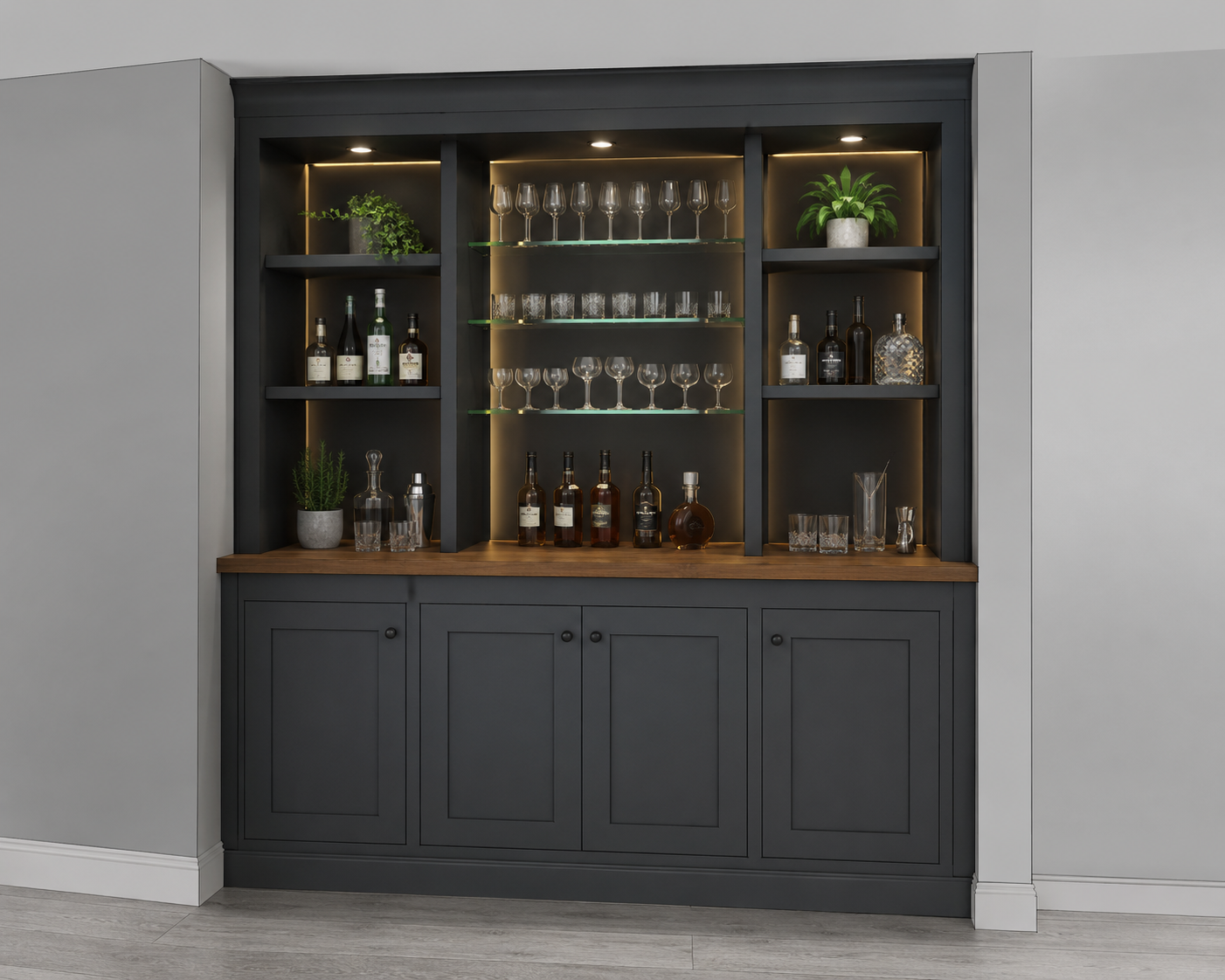 Example 3D visualisation of a bespoke home bar design, showing layout, glass placement and lighting