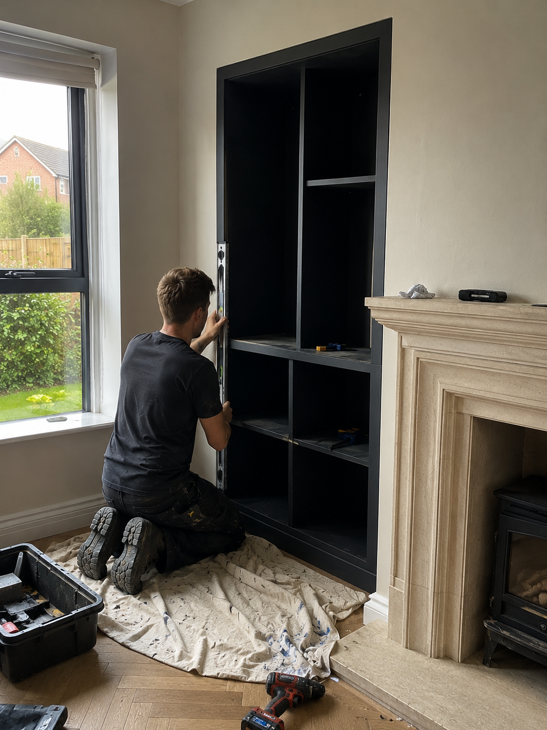 Tradesperson using a spirit level to fit a bespoke cabinet into an alcove during a home bar installation