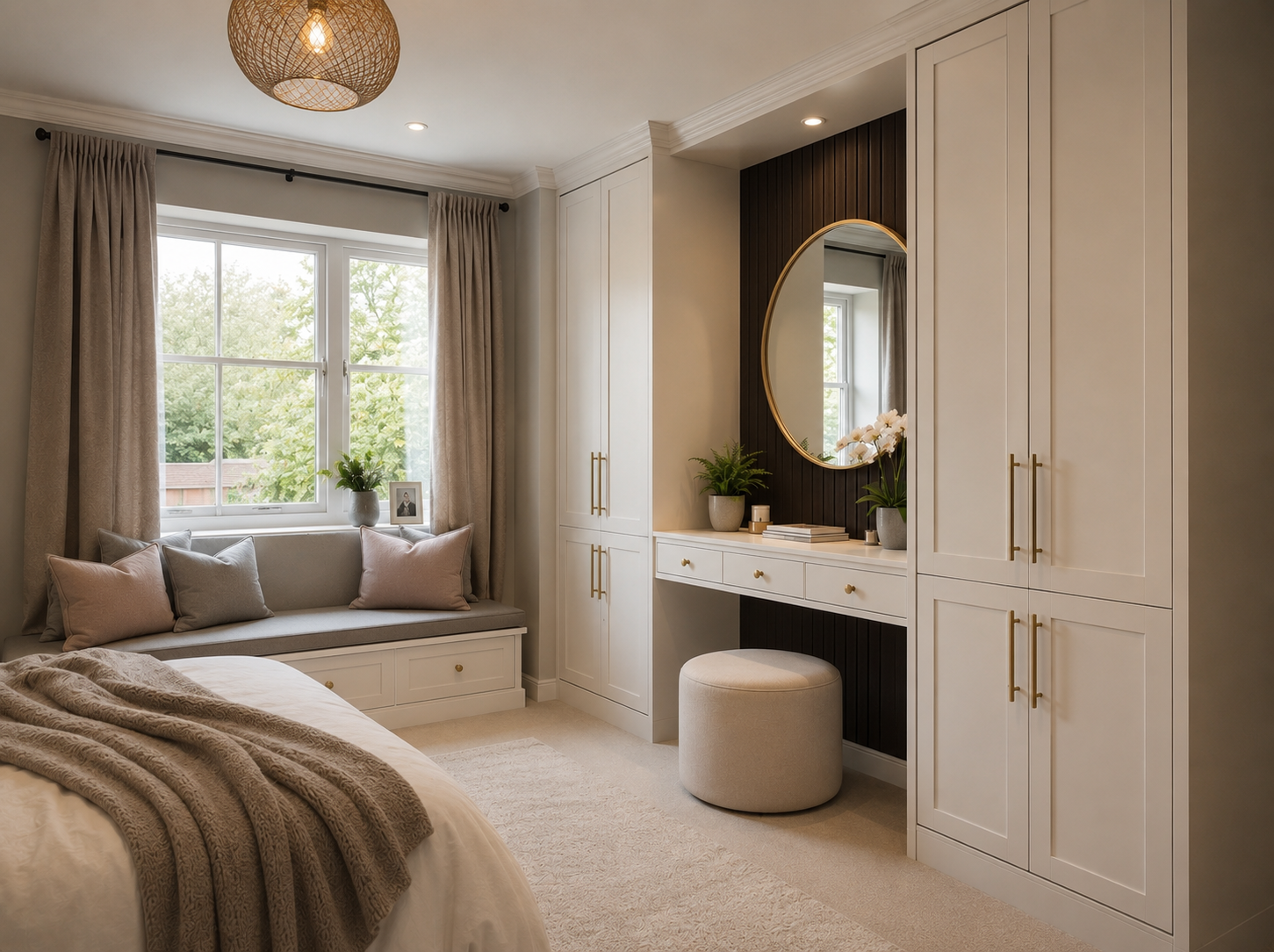 Bespoke bedroom with fitted wardrobes, dressing table and under-window seating with built-in storage drawers, by JAX Bespoke Yorkshire
