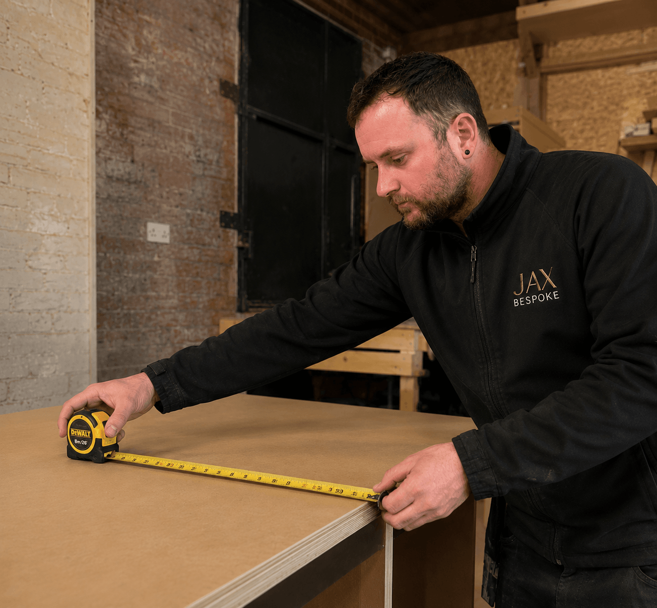 Jack Westmoreland discussing a bespoke furniture design consultation with a customer in Wakefield