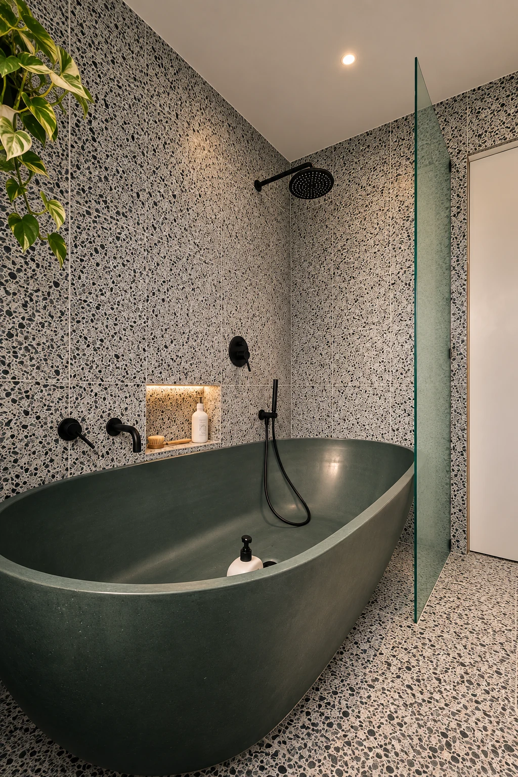 Green statement bathtub with terrazzo bathroom finish