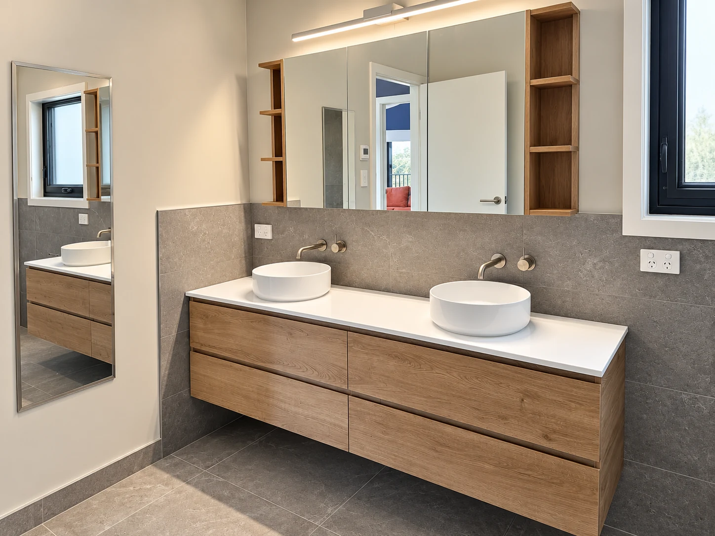 Double vanity with timber cabinetry