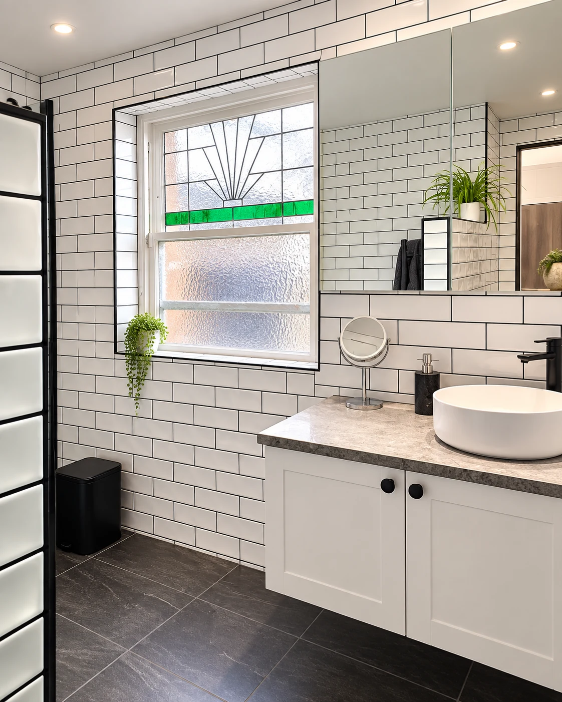 White subway tile bathroom with decorative window