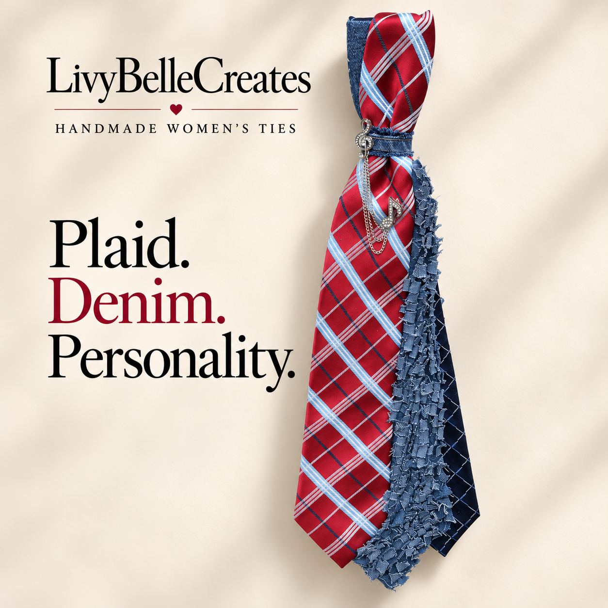 Red Plaid & Denim - one of a kind tie by LivyBelleCreates