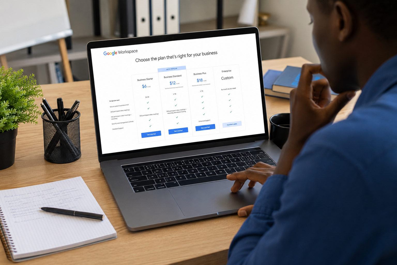 Business owner choosing the right Google Workspace plan for their company Business owner choosing the right Google Workspace plan for their company