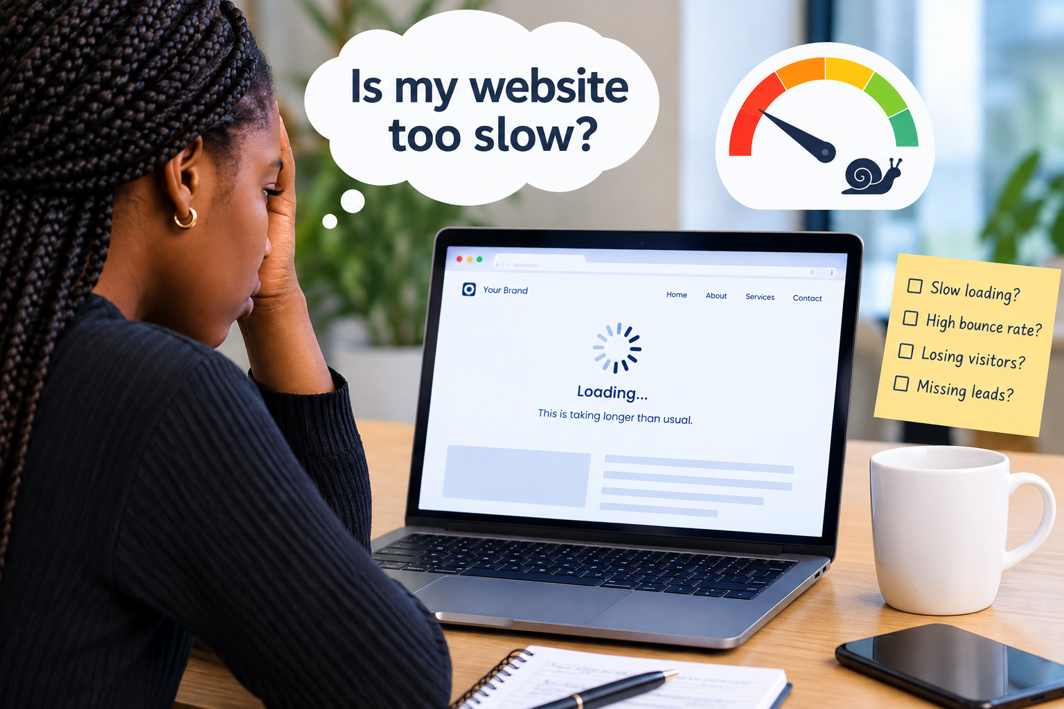 laptop screen showing a slow-loading website with a loading spinner icon laptop screen showing a slow-loading website with a loading spinner icon