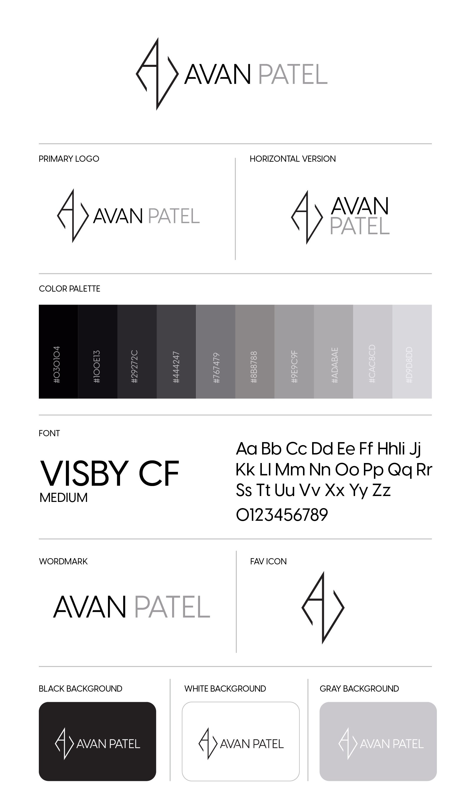 Avan Patel visual identity color palette and typography