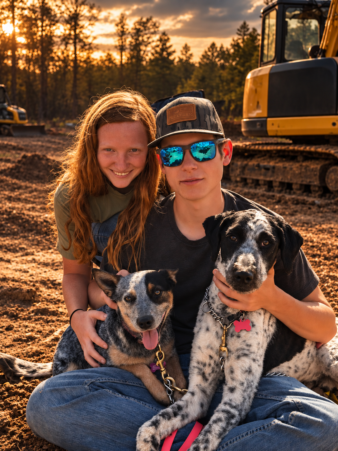 Brock and Victoria with their dogs outdoors on family land