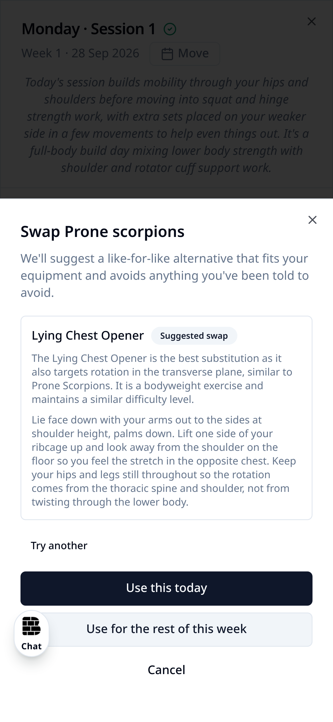 The app suggesting a swap for an exercise