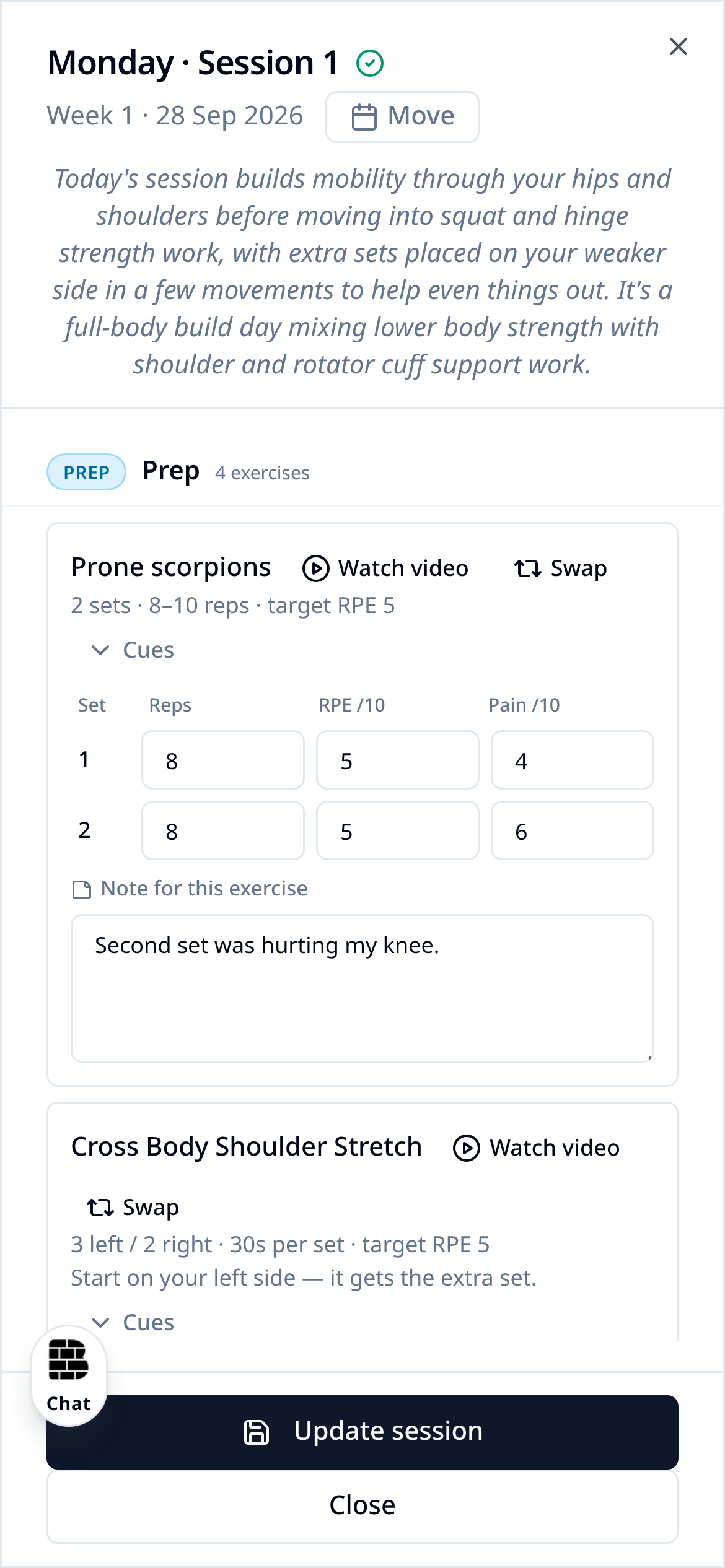 Logging a session, with a note about knee pain