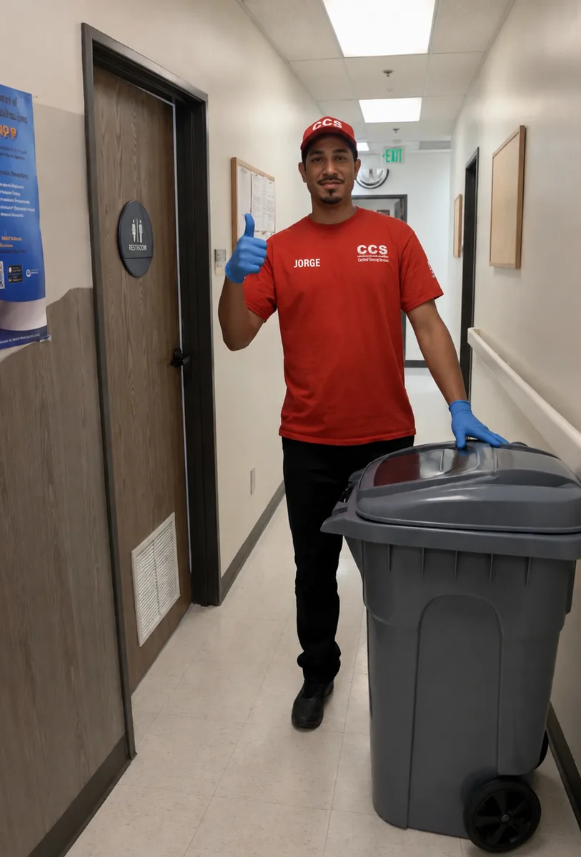 CCS employee moving commercial waste bin through facility