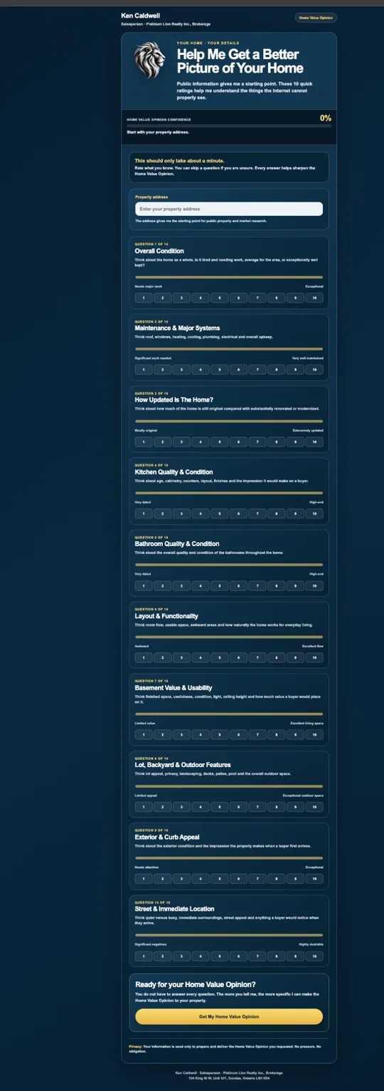 Home Value Opinion questionnaire preview showing the confidence meter and property rating questions
