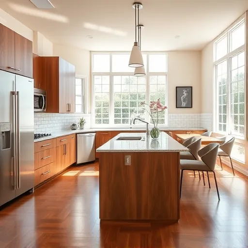 Modern kitchen remodel in Edgecliff Village TX with warm wood cabinetry, granite island, and bright natural light.