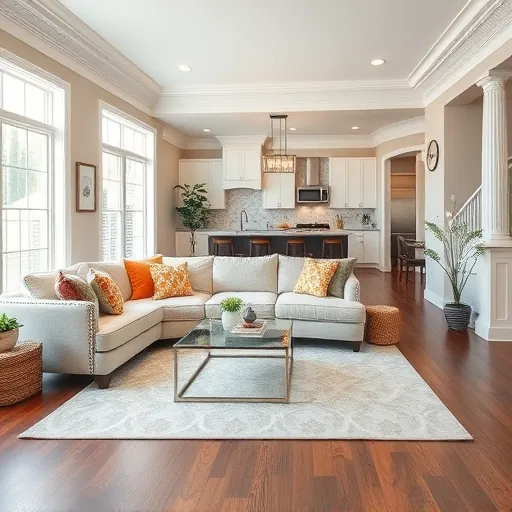 Beautifully renovated Azle TX living room with modern decor, natural light, hardwood floors, and stylish kitchen view.