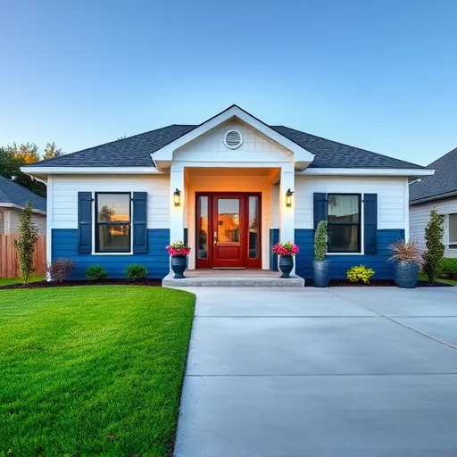 Modern home remodeling in Corinth TX features white siding, navy accents, a manicured lawn, and elegant outdoor design.