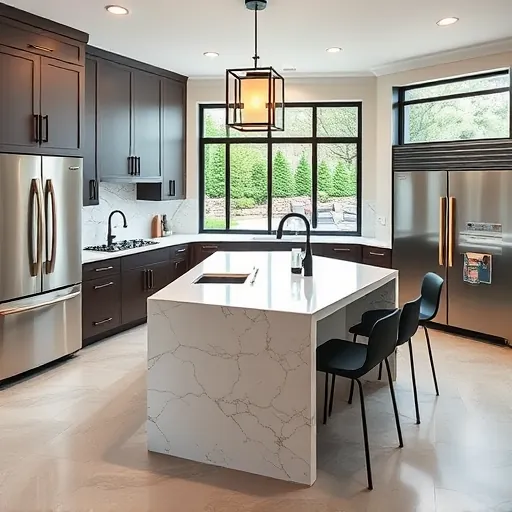 Modern kitchen remodel in Southlake TX with sleek black cabinetry, marble island, and high-end appliances, showcasing elegant design.