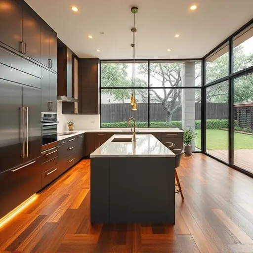 Modern River Oaks kitchen with sleek matte cabinets stainless steel appliances quartz island hardwood floors and lush backyard views