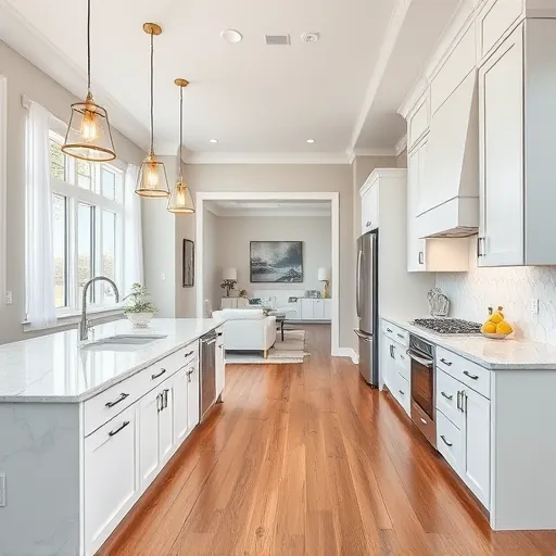 Recently remodeled White Settlement TX modern kitchen with white cabinets marble countertops stainless steel appliances hardwood flooring and large windows